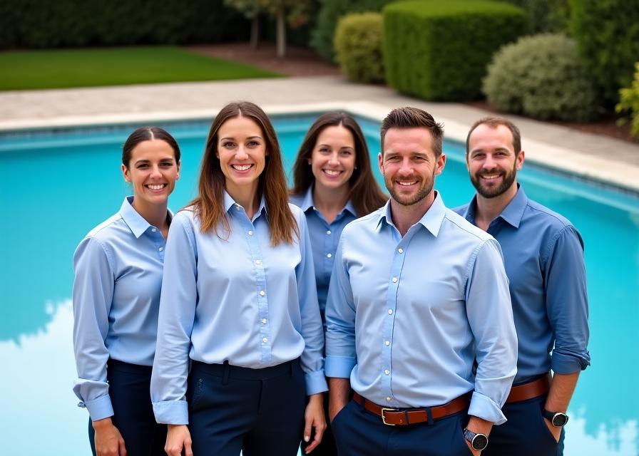 L'équipe de L'Ondine Bleue posant près d'une piscine terminée.