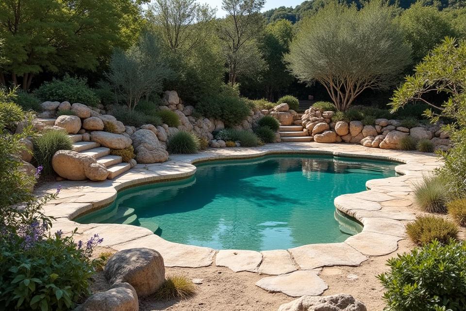 Piscine naturelle avec aménagement en pierre.
